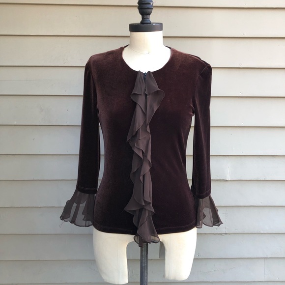 Vintage Cachet Y2K Whimsigoth Ethereal Dark Brown Velvet Silk Ruffle Zip Up Top - Picture 6 of 17